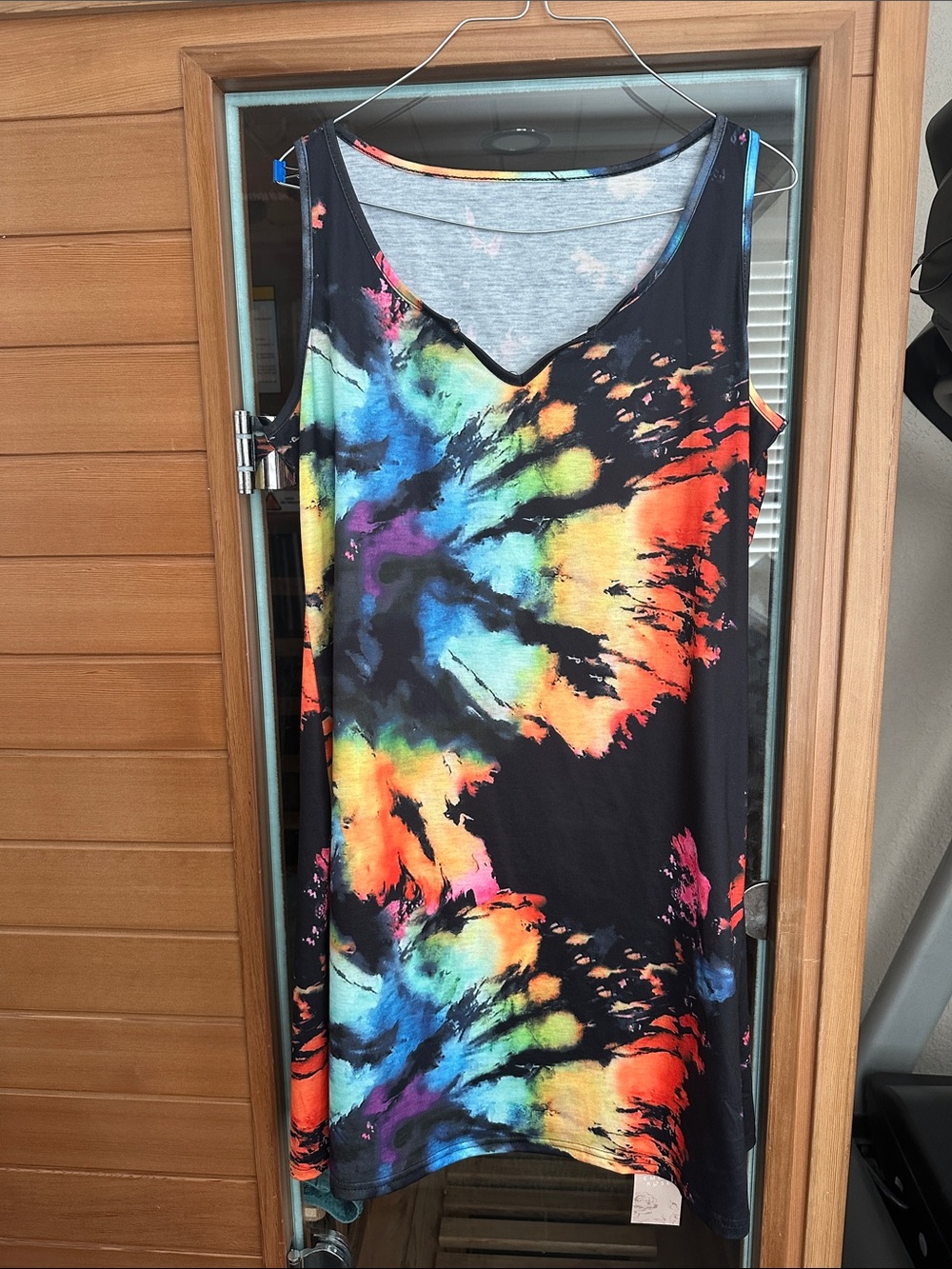Sleeveless V-Neck Tie-Dye Mini Dress - Black with Multicolor Burst